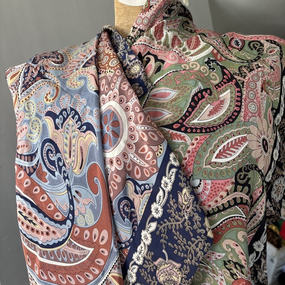 Linda Dano Scarf Silk Square 40x41" Paisley Lot of 2 Hand Rolled Hem